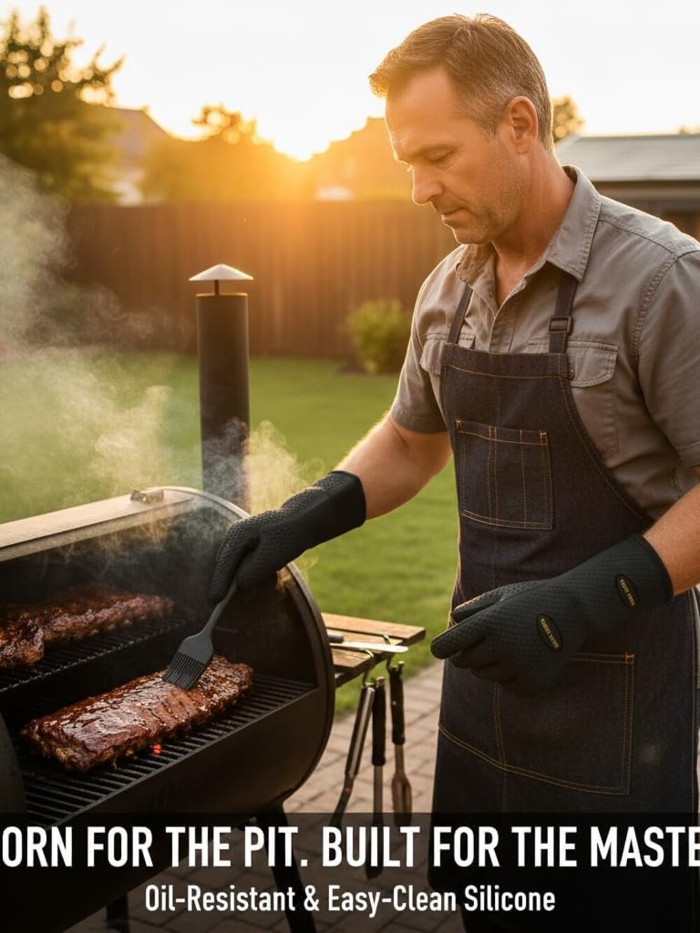 Moon Aura BBQ Gloves Heat Resistant Silicone Oven Mitts 13.38" Waterproof Grill - Picture 4 of 8